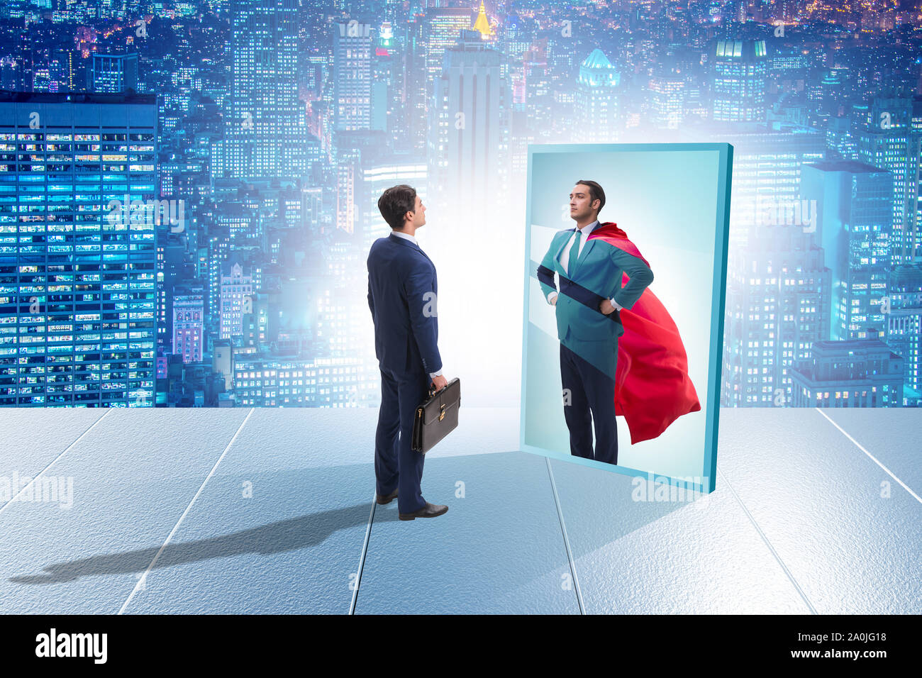 The businessman seeing himself in mirror as superhero Stock Photo - Alamy