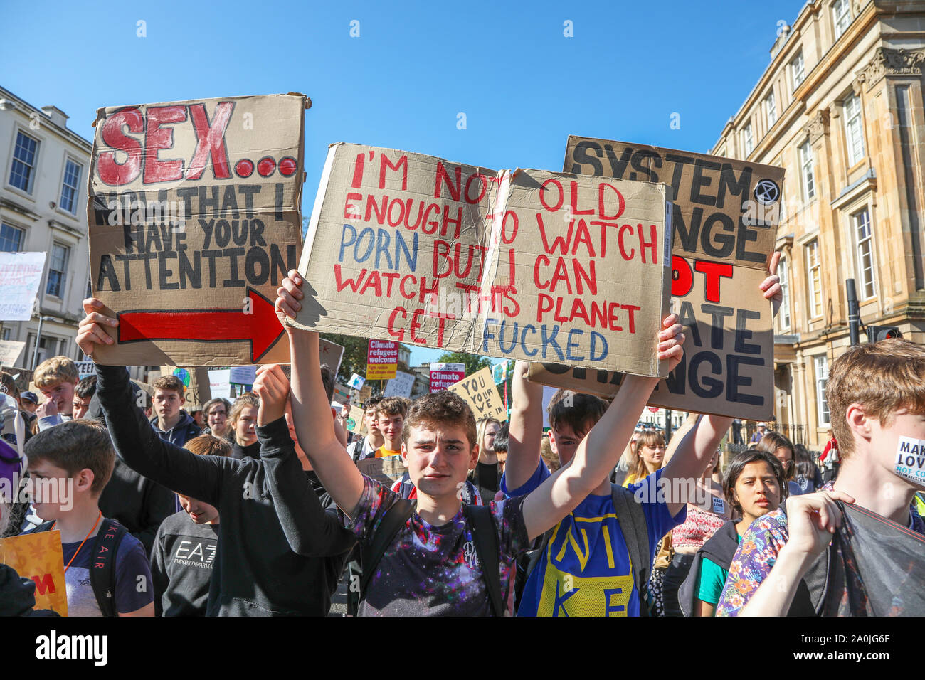 Glasgow, UK. 20 September 2019. Several thousand turned out to take part in the "Scottish Youth Climate Strikers" march from Kelvingrove Park, through the city to an assembly in George Square to draw attention to the need for action against climate change. This parade was only one of a number  that were taking place across the United Kingdom as part of a coordinated day of action. Credit: Findlay / Alamy News. Stock Photo