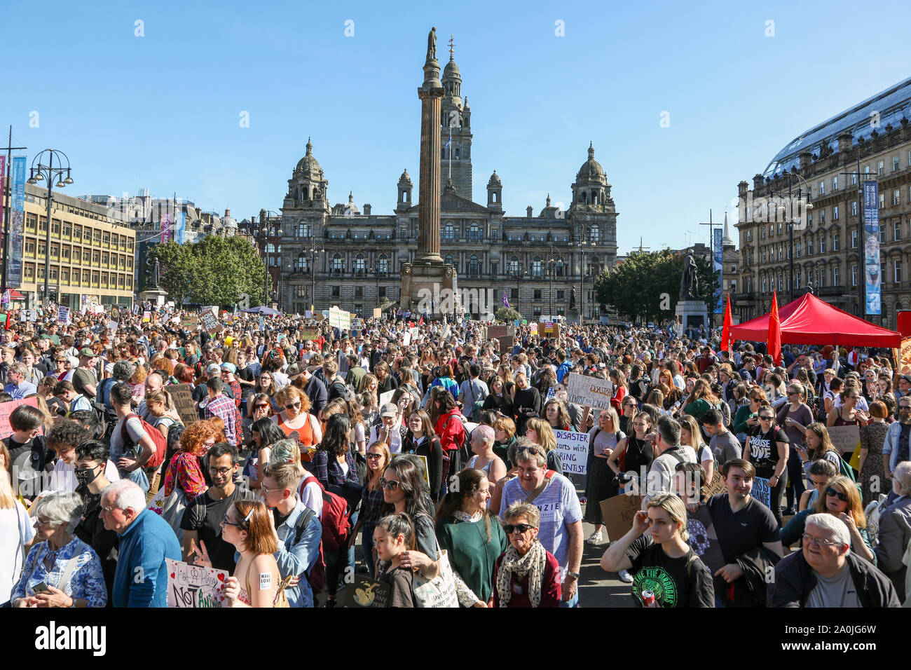 Glasgow, UK. 20 September 2019. Several thousand turned out to take part in the 'Scottish Youth Climate Strikers' march from Kelvingrove Park, through the city to an assembly in George Square to draw attention to the need for action against climate change. This parade was only one of a number  that were taking place across the United Kingdom as part of a coordinated day of action. Credit: Findlay / Alamy News. Stock Photo