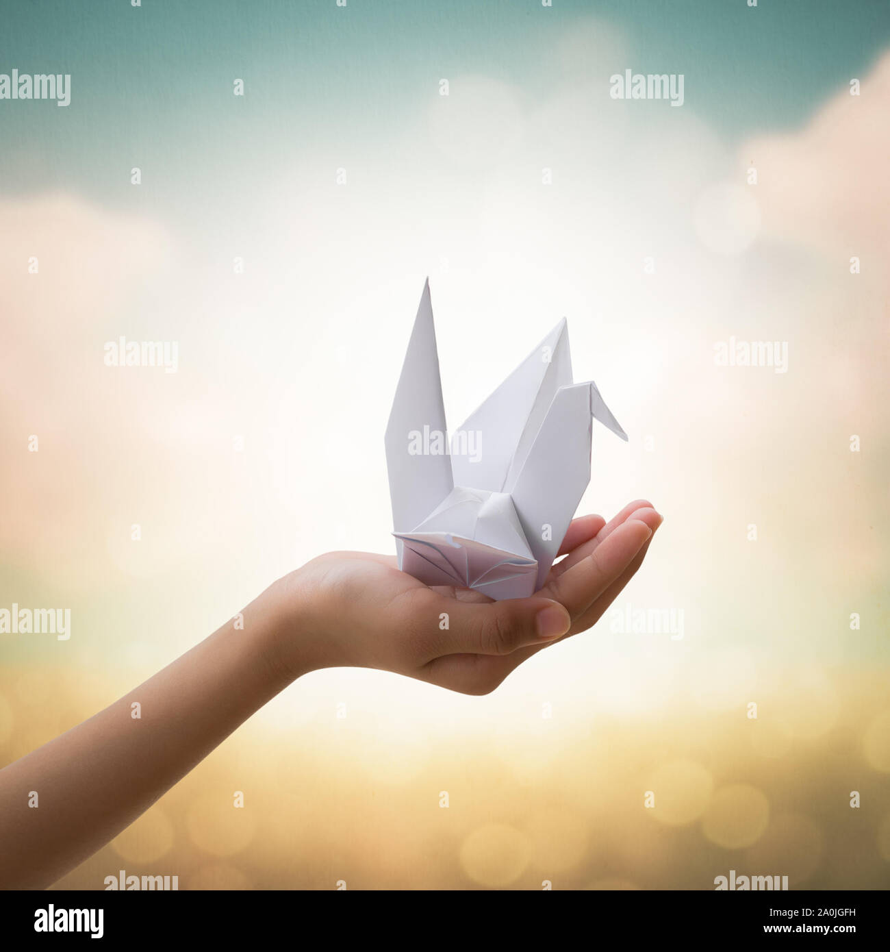 Origami bird on children's hand with beautiful natural background, Freedom concept Stock Photo