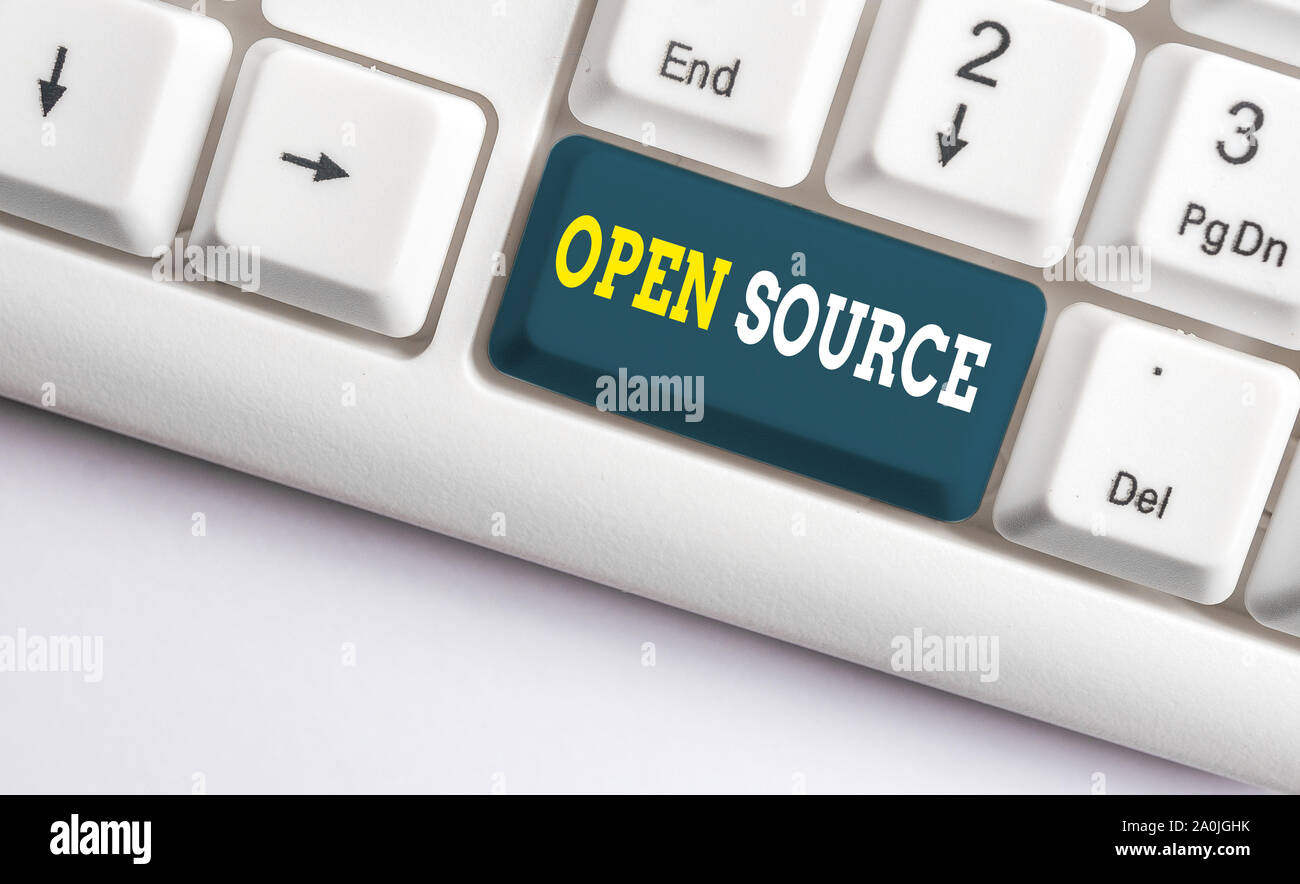 Conceptual hand writing showing Open Source. Concept meaning denoting software which original source code freely available White pc keyboard with note Stock Photo