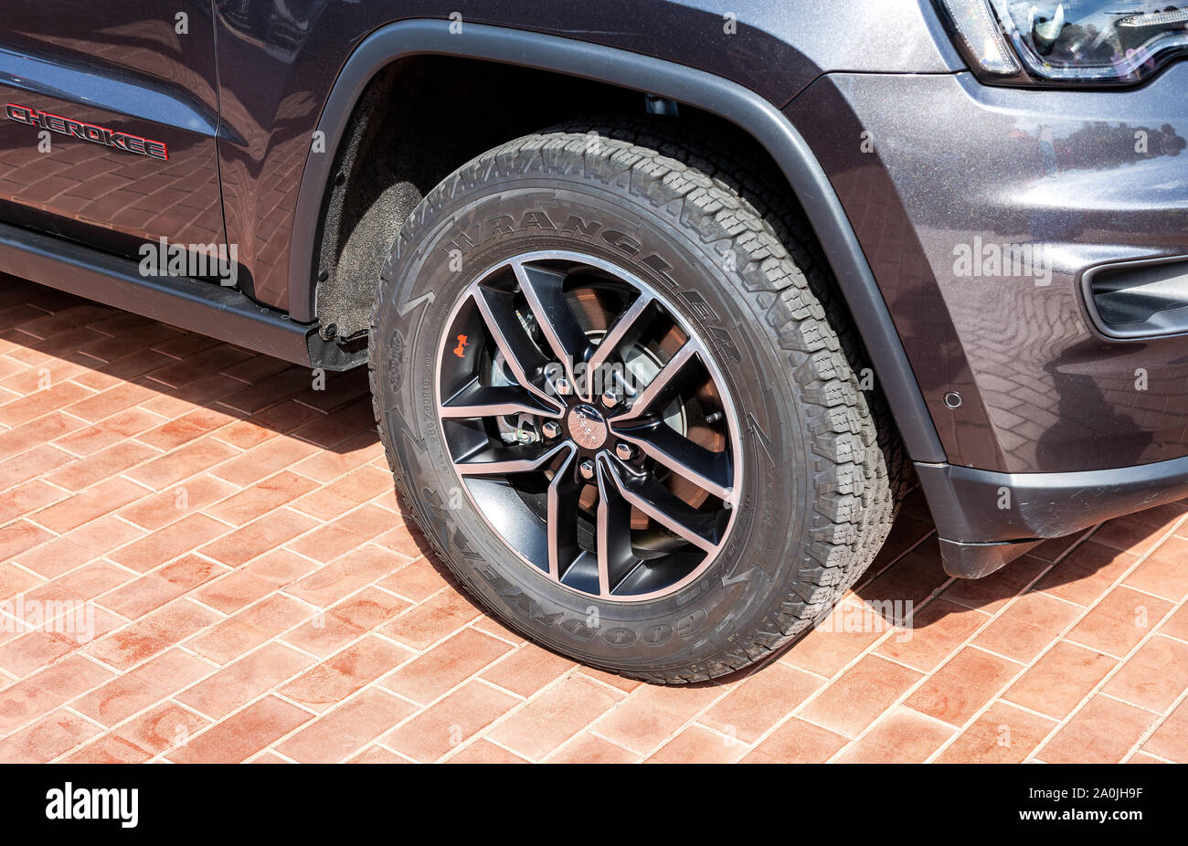 Moscow, Russia - September 8, 2019: Close up view of Jeep Grand Cherokee  wheel with Goodyear Wrangler tubeless tire Stock Photo - Alamy