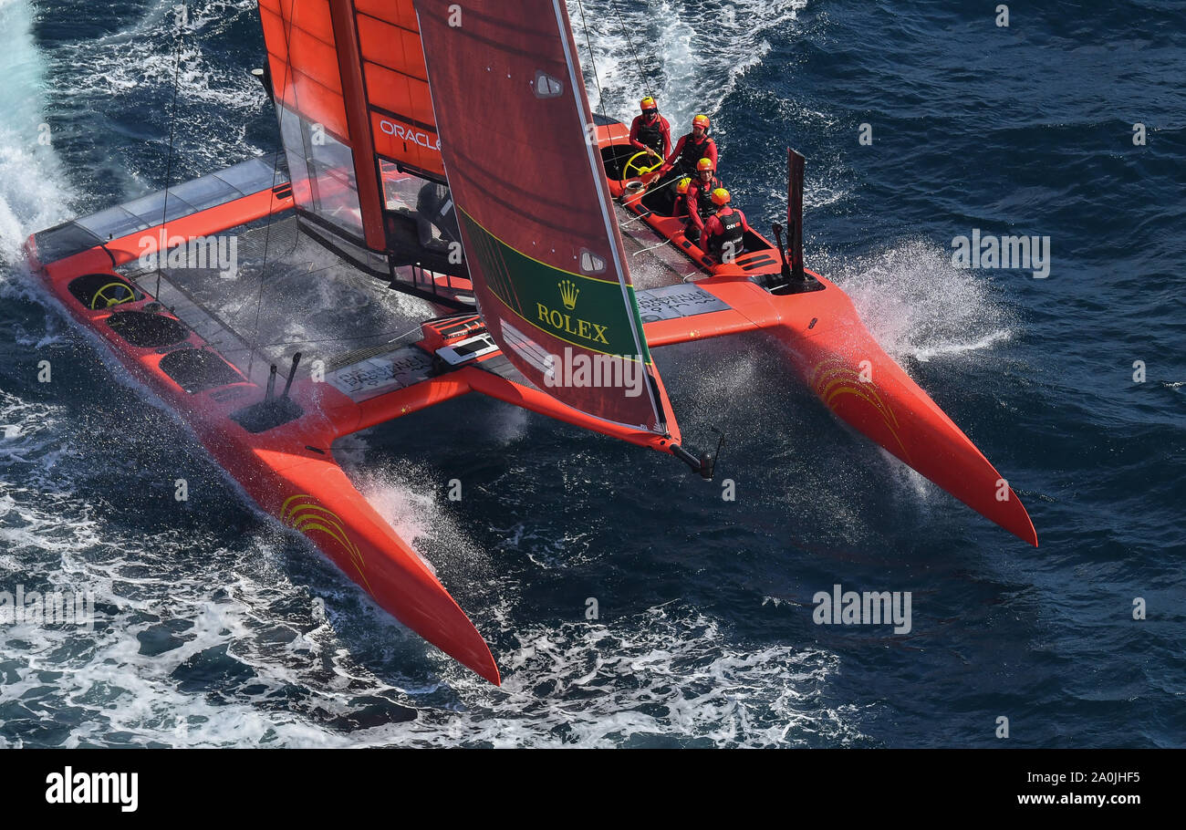 China SailGP Team skippered by Phil Robertson on the Rade de Marseille in the first race. Race Day 1. The final SailGP event of Season 1 in Marseille, France. Stock Photo