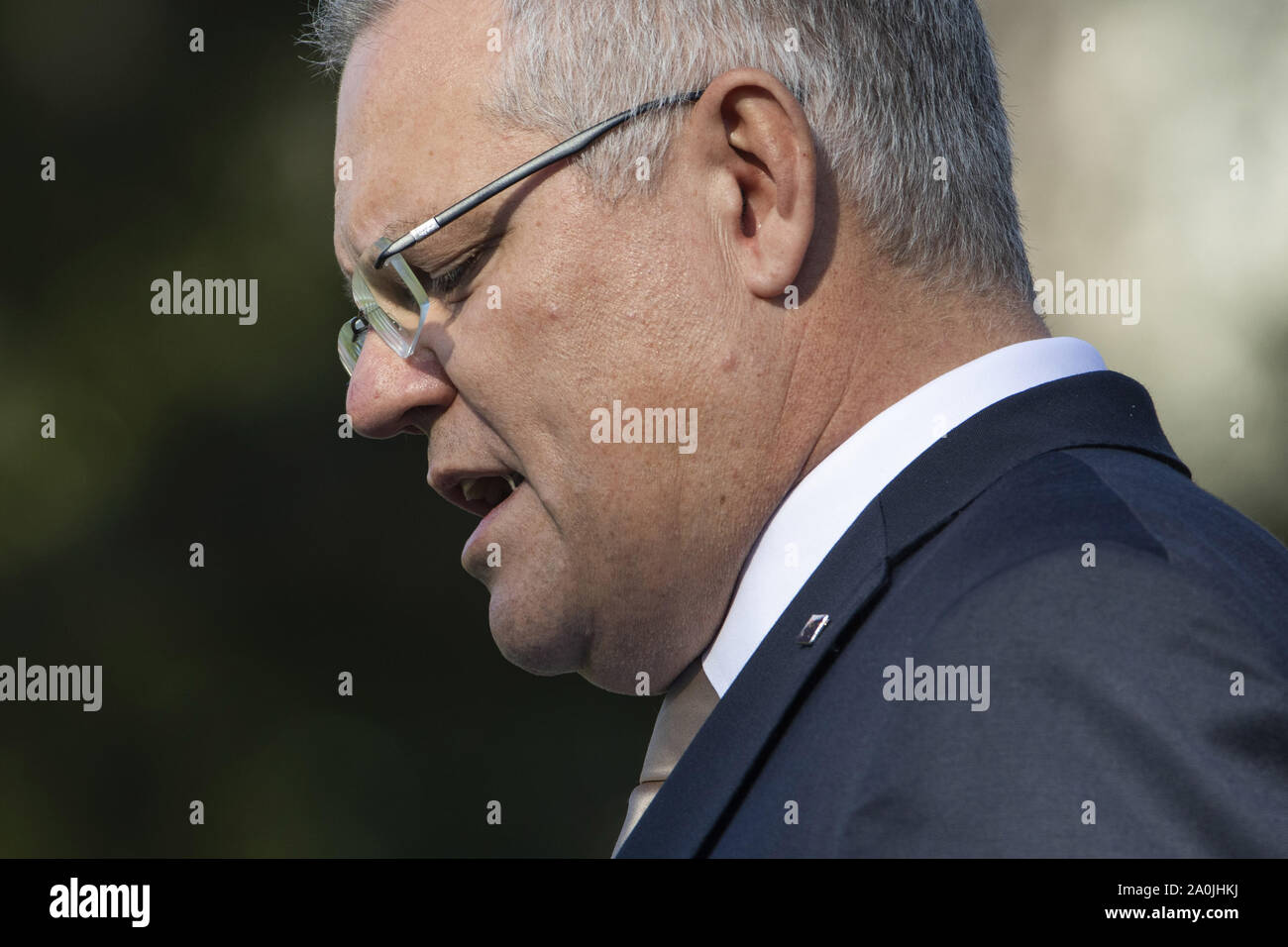 Washington DC, USA . 20th Sep, 2019. Washington DC, USA. 20th Sep, 2019. Prime Minister of Australia Scott Morrison speaks from the South Lawn of the White House during a state arrival ceremony in Washington, DC on Friday, September 20, 2019. The occasion marks the second state visit of Donald Trump's presidency. Credit: UPI/Alamy Live News Stock Photo