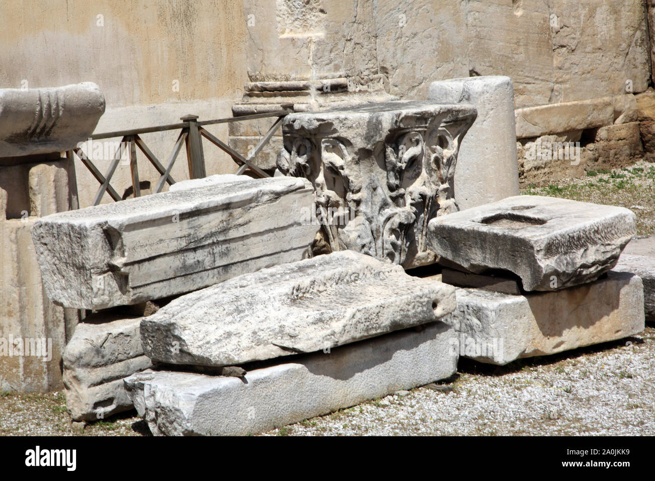 Athens Greece Monastiraki Hadrian's Library Corinthian Column head and Column Blocks Stock Photo