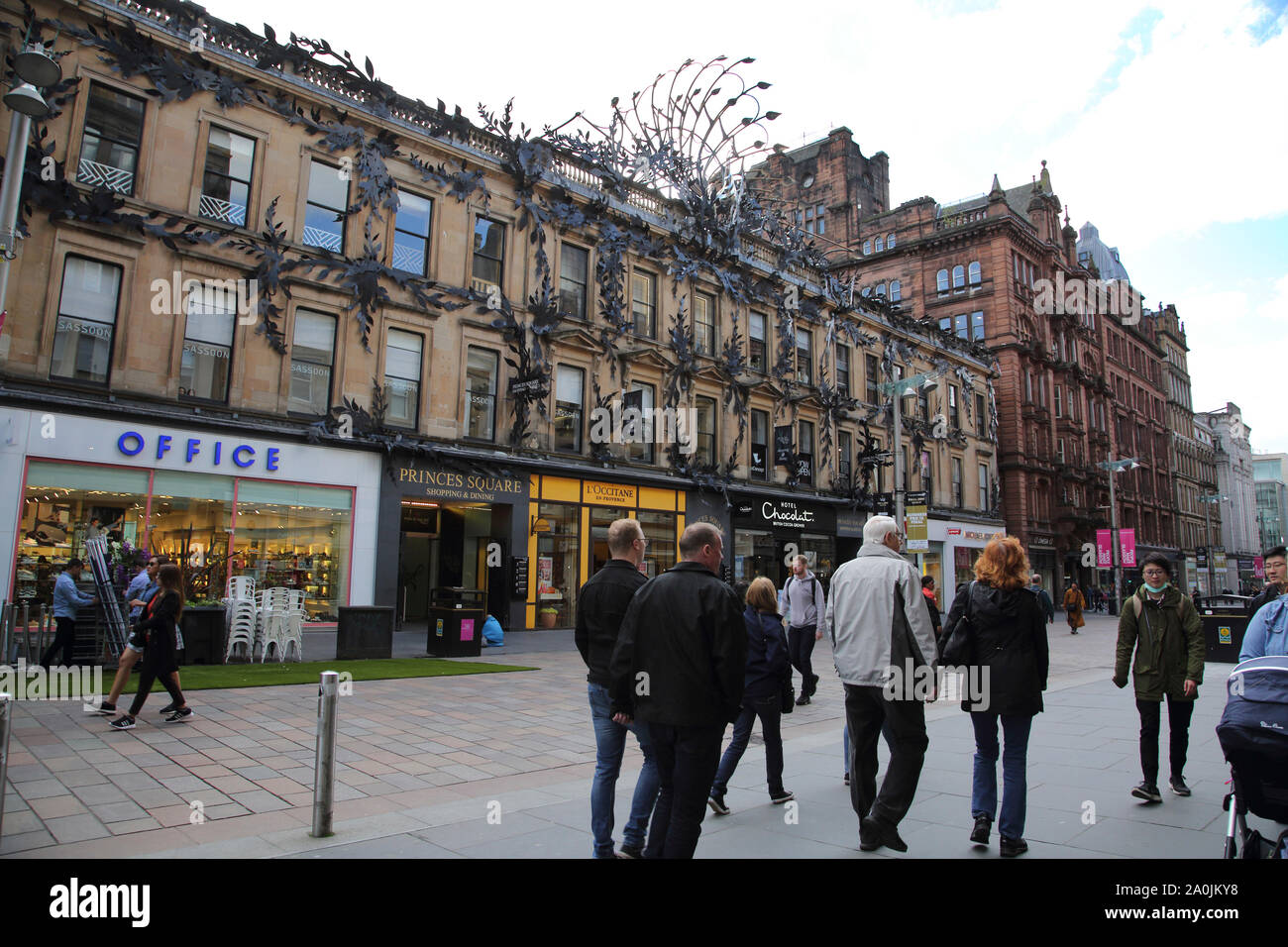 Glasgow Scotland Buchanan Street Entrance to Princes Square Shopping Centre Art Nouveau Ironwork on Facade with Peacock Stock Photo