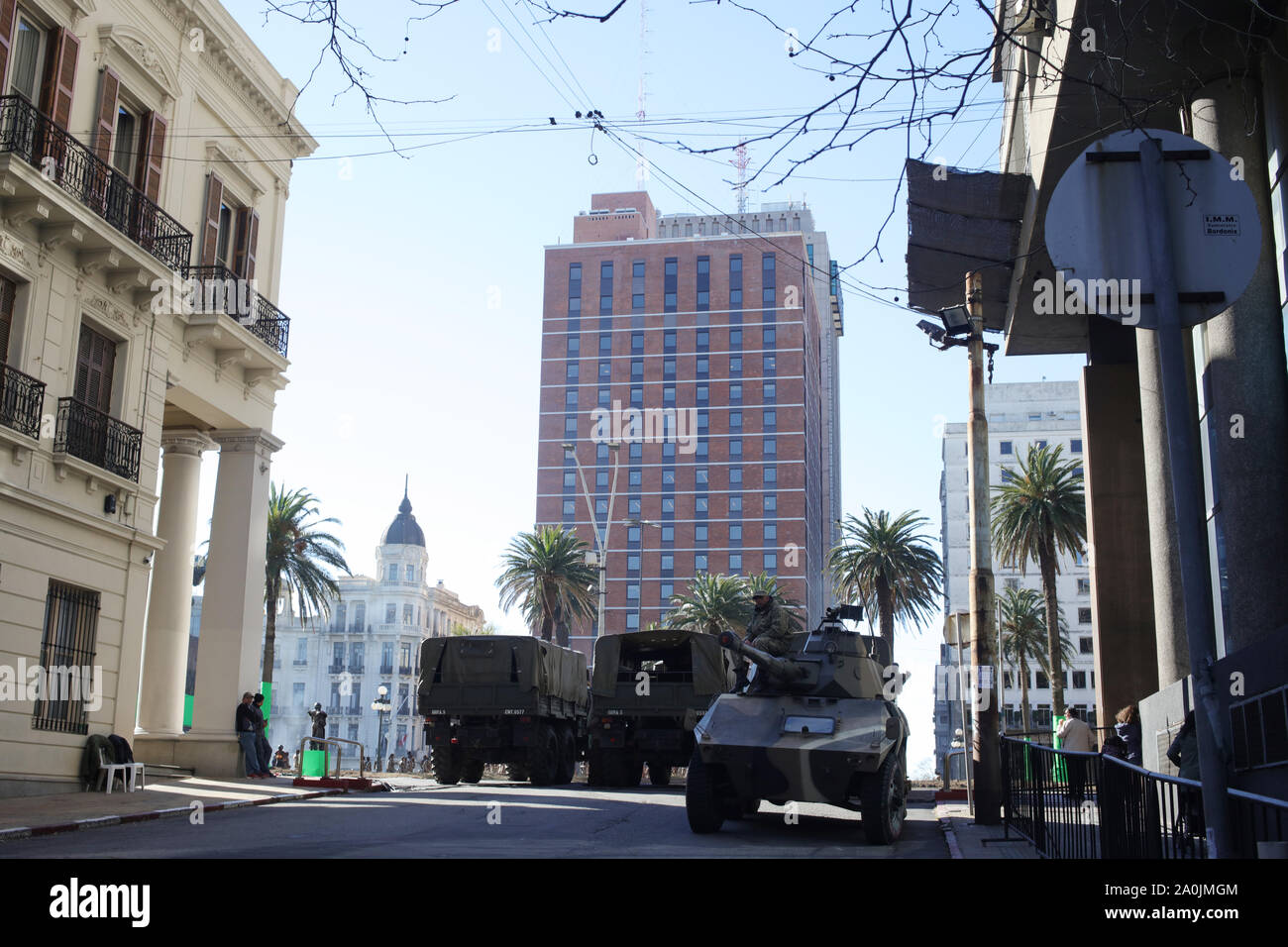 Buenos Aires, Argentina - September 15, 2019:  Unidentified extras dress as a combat soldier for the new Netflix series Conquest filmed in plaza indep Stock Photo