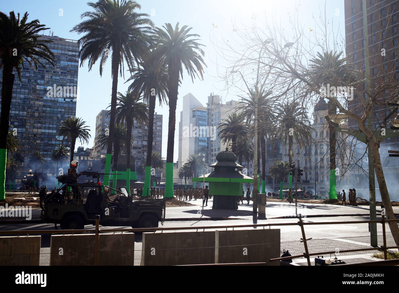 Buenos Aires, Argentina - September 15, 2019:  Unidentified extras dress as a combat soldier for the new Netflix series Conquest filmed in plaza indep Stock Photo