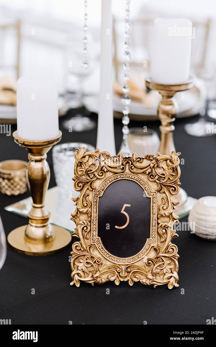 Black and Gold Wedding Table Number Holder for Top Table, Black