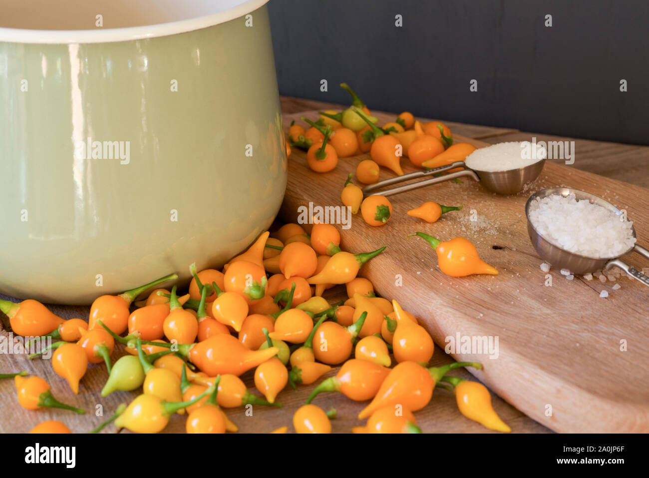 Home preserving Brazilian biquinho chilli peppers in pickled vinegar
