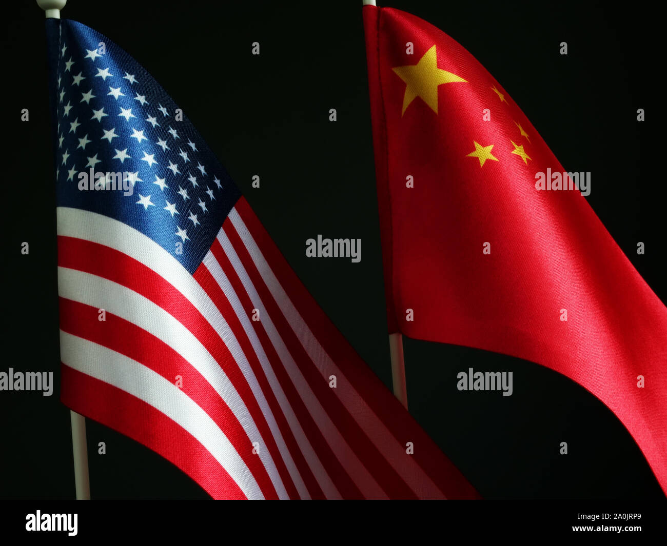 China and USA flags. Trade war and negotiation concept. Stock Photo