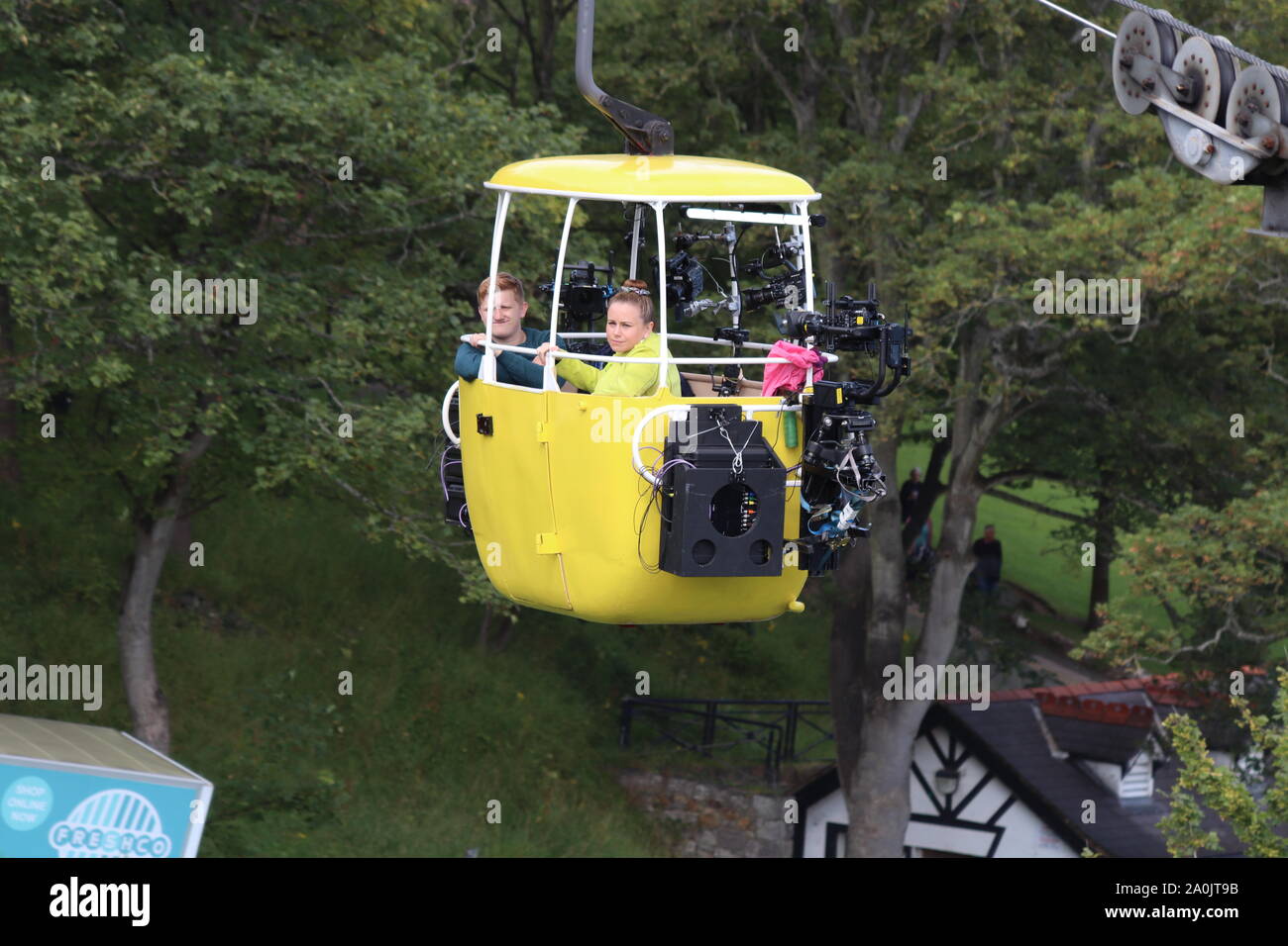 Coronation Street's Gemma Winter, played by Dolly-Rose Campbell, goes in to labour while  high above the ground in a cable car with Chesney Brown (Sam Aston) Featuring: Dolly-Rose Campbell, Sam Aston Where: Llandudno, United Kingdom When: 20 Aug 2019 Credit: WENN.com Stock Photo