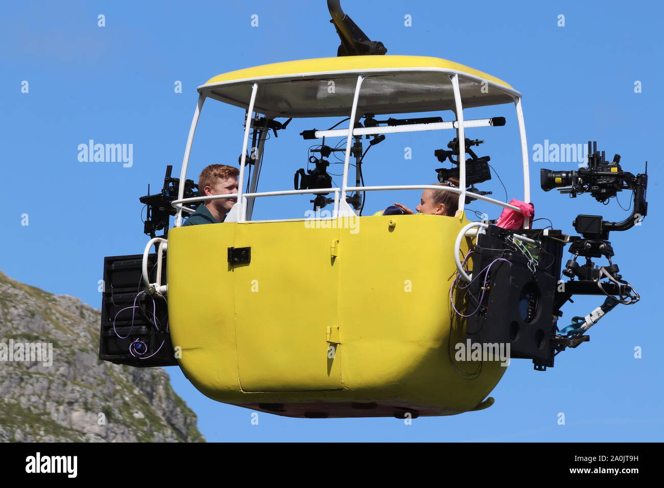 Coronation Street's Gemma Winter, played by Dolly-Rose Campbell, goes in to labour while  high above the ground in a cable car with Chesney Brown (Sam Aston) Featuring: Sam Aston, Dolly-Rose Campbell Where: Llandudno, United Kingdom When: 20 Aug 2019 Credit: WENN.com Stock Photo