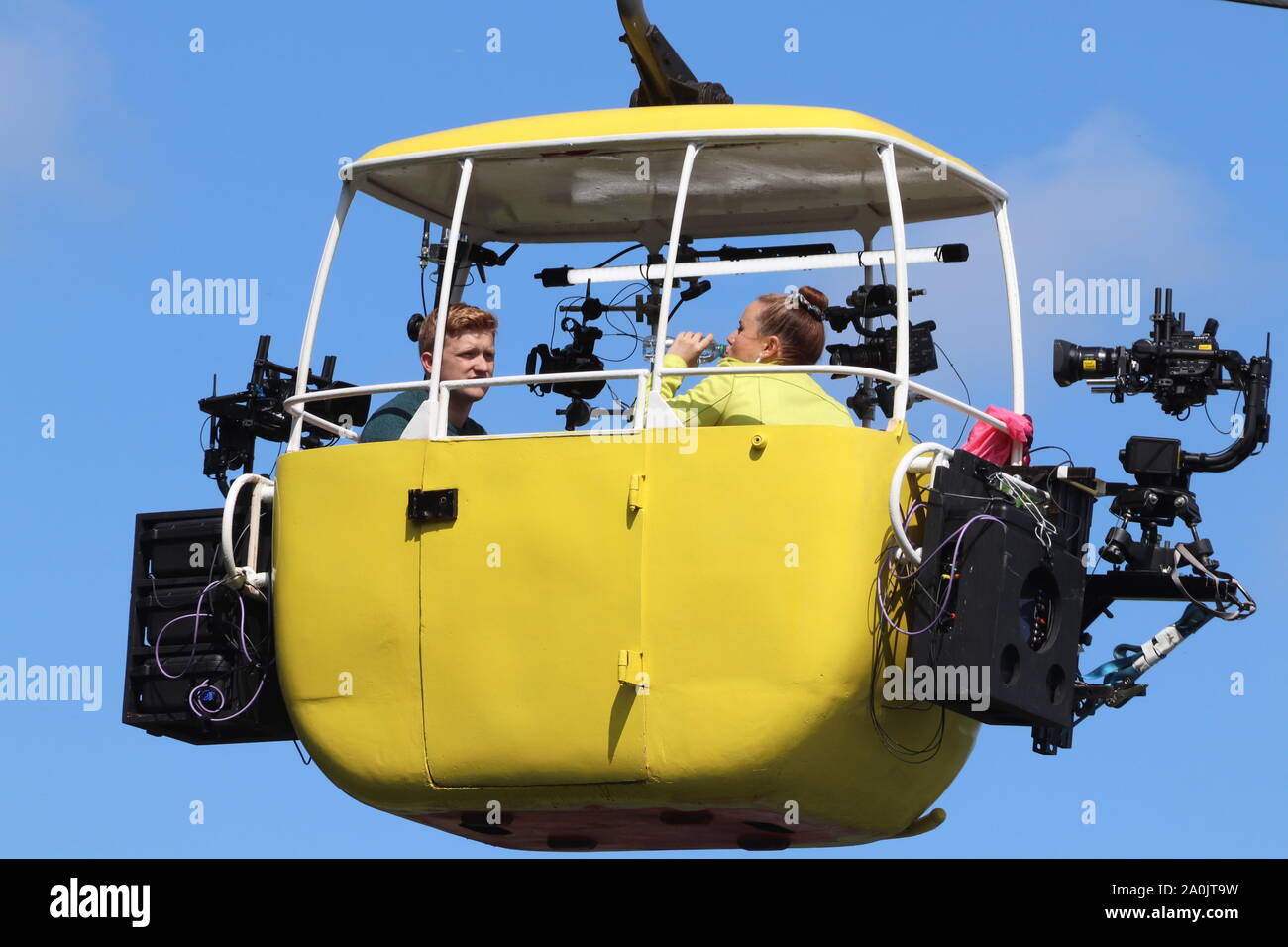 Coronation Street's Gemma Winter, played by Dolly-Rose Campbell, goes in to labour while  high above the ground in a cable car with Chesney Brown (Sam Aston) Featuring: Sam Aston, Dolly-Rose Campbell Where: Llandudno, United Kingdom When: 20 Aug 2019 Credit: WENN.com Stock Photo