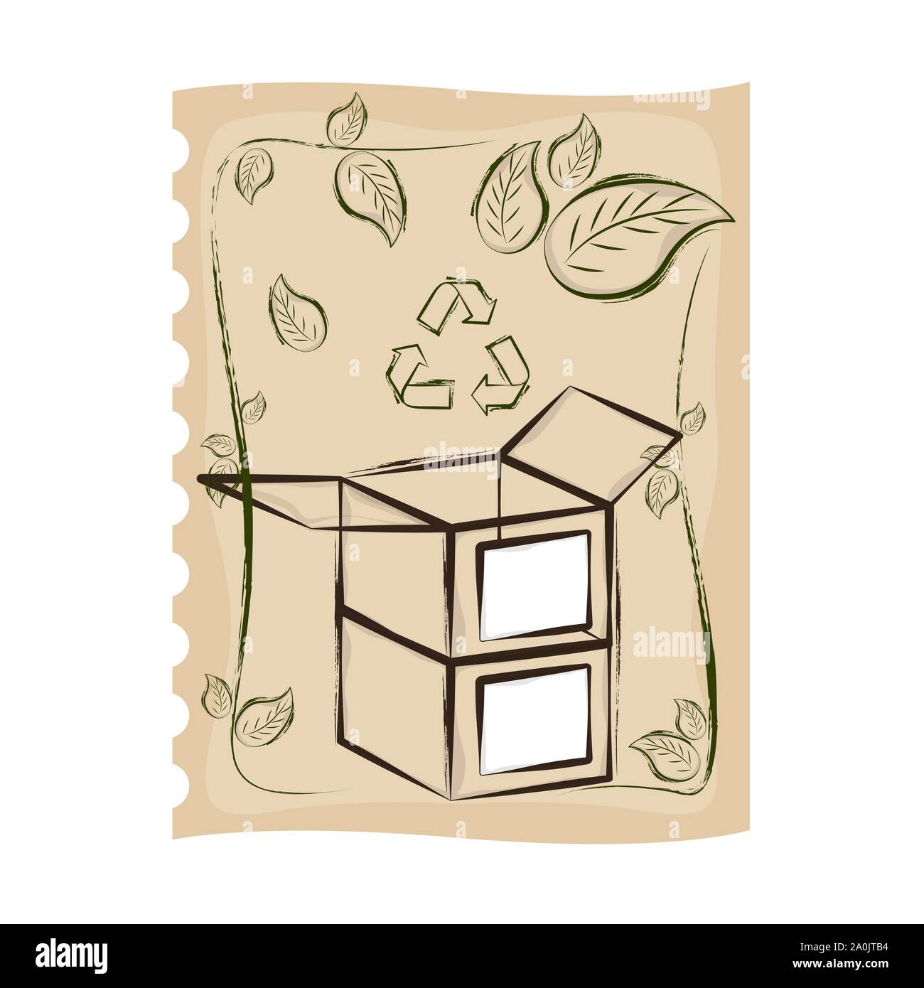Sheet of paper with a hand draw of a cardboard boxes and leaves ...