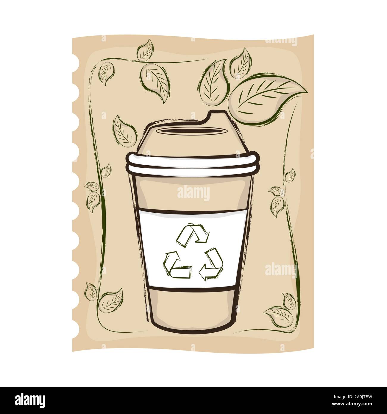 Sheet of paper with a hand draw of a paper cup and leaves. Recycling ...