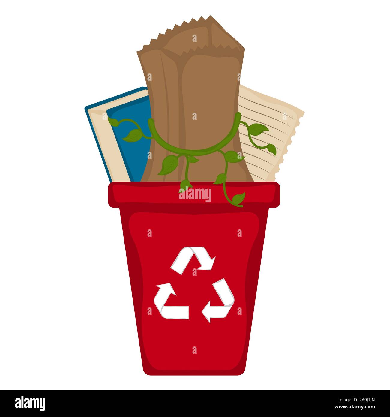 Recycling bin with book, paper bag and sheet paper. Recycling concept