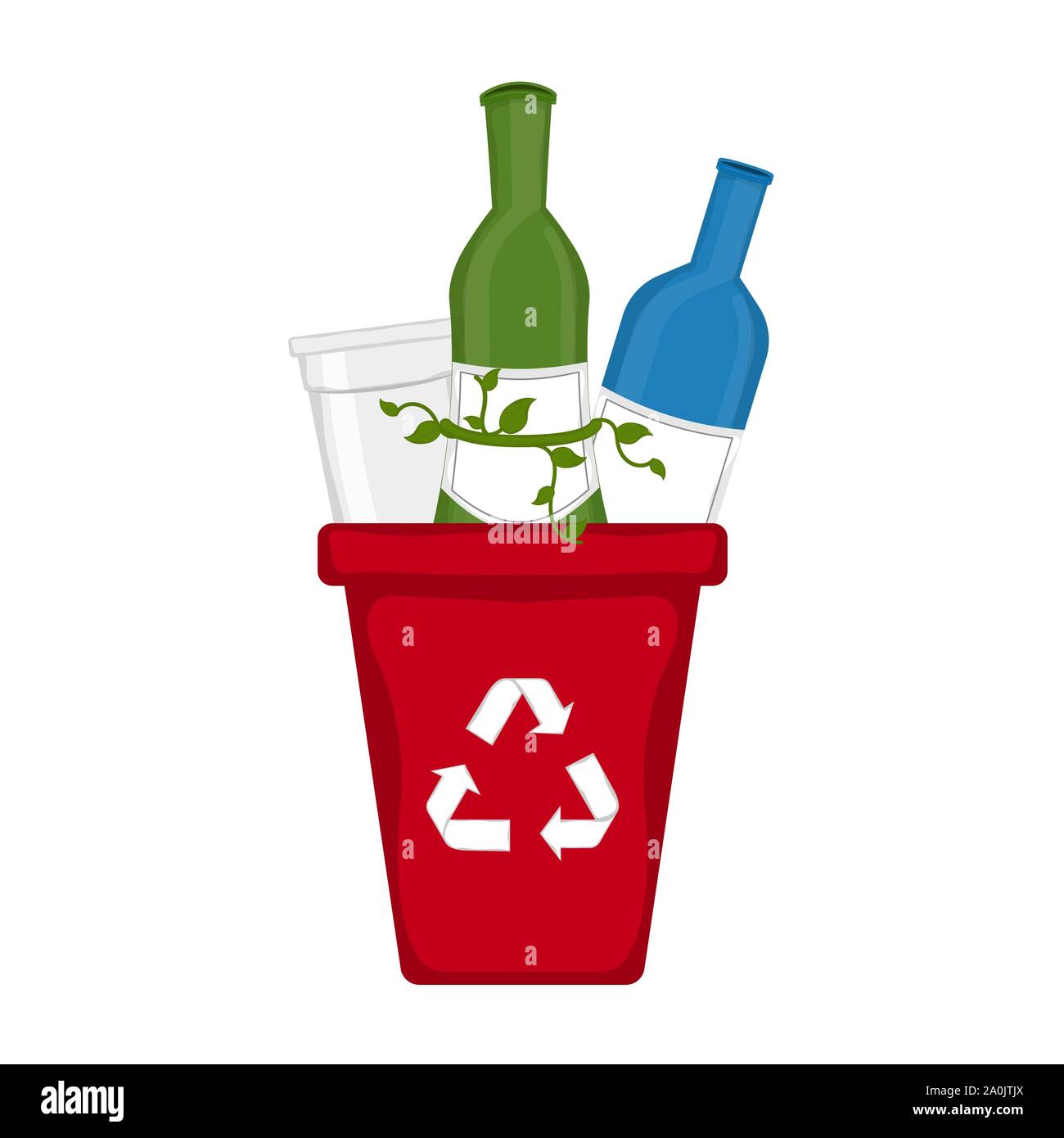 Recycling bin with glass bottle and paper cup. Recycling concept