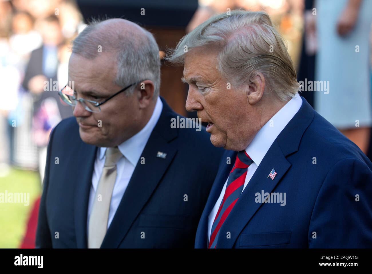 Washington DC, USA. 20th Sep, 2019. US President Donald J Trump (R)  welcomes Prime Minister of Australia Scott Morrison (L) to the South Lawn  of the White House for a state arrival