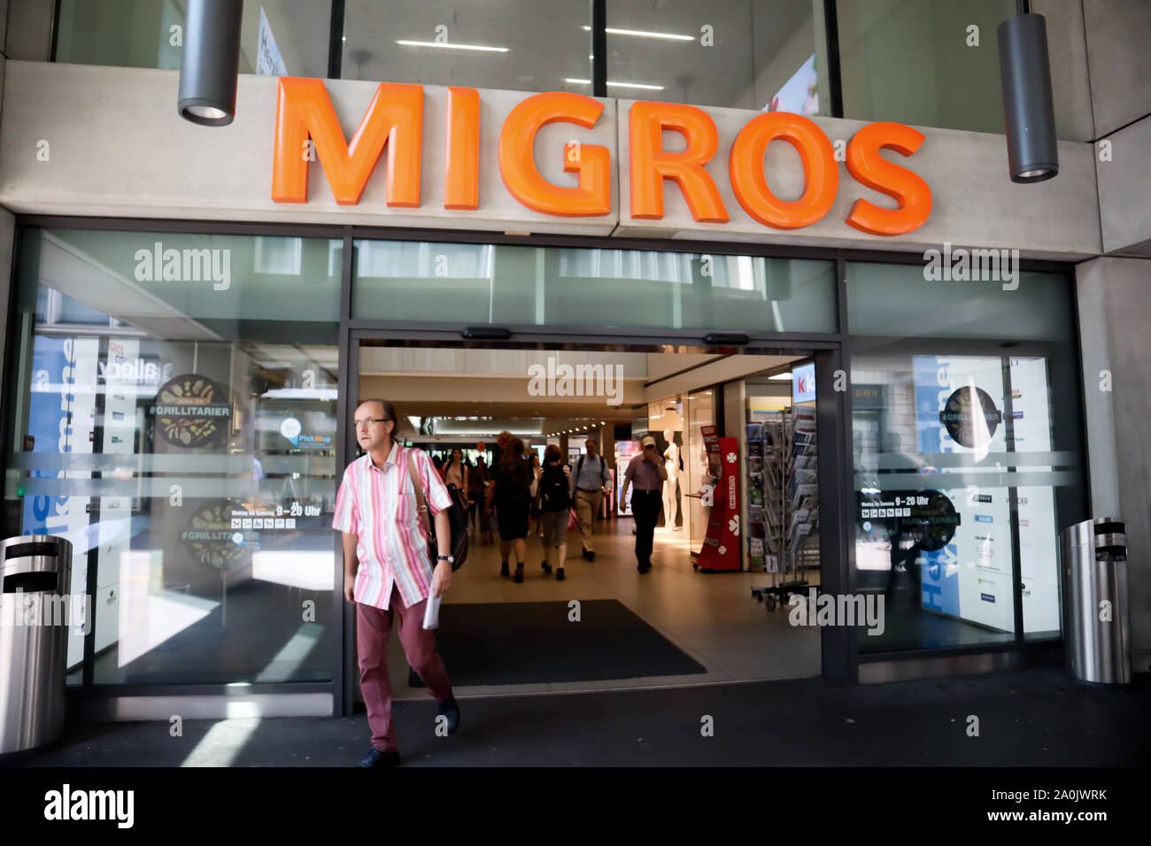 Zurich,Switzerland ,July 21,2019:entrance to a Migros restaurant in Zurich,  people in front of restaurant Stock Photo - Alamy