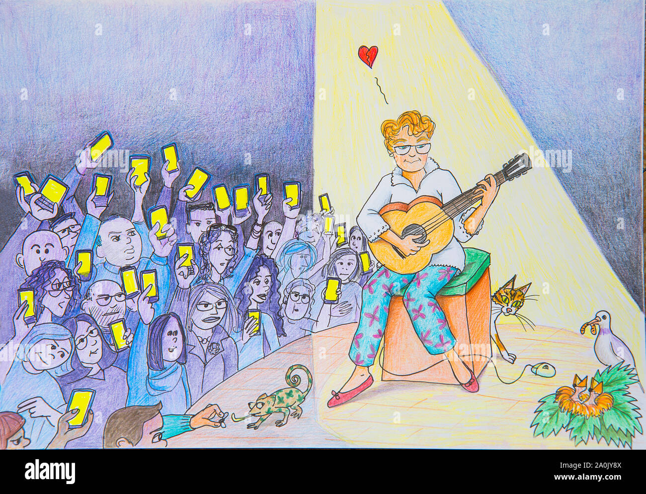 Woman giving a guitar concert. Illustration. Stock Photo
