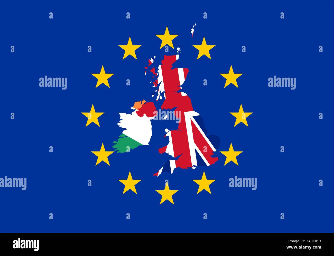 The border shapes of the UK and Ireland covered in respective countries flags on top of and in the middle of the flag of the EU, representing Brexit. Stock Vector