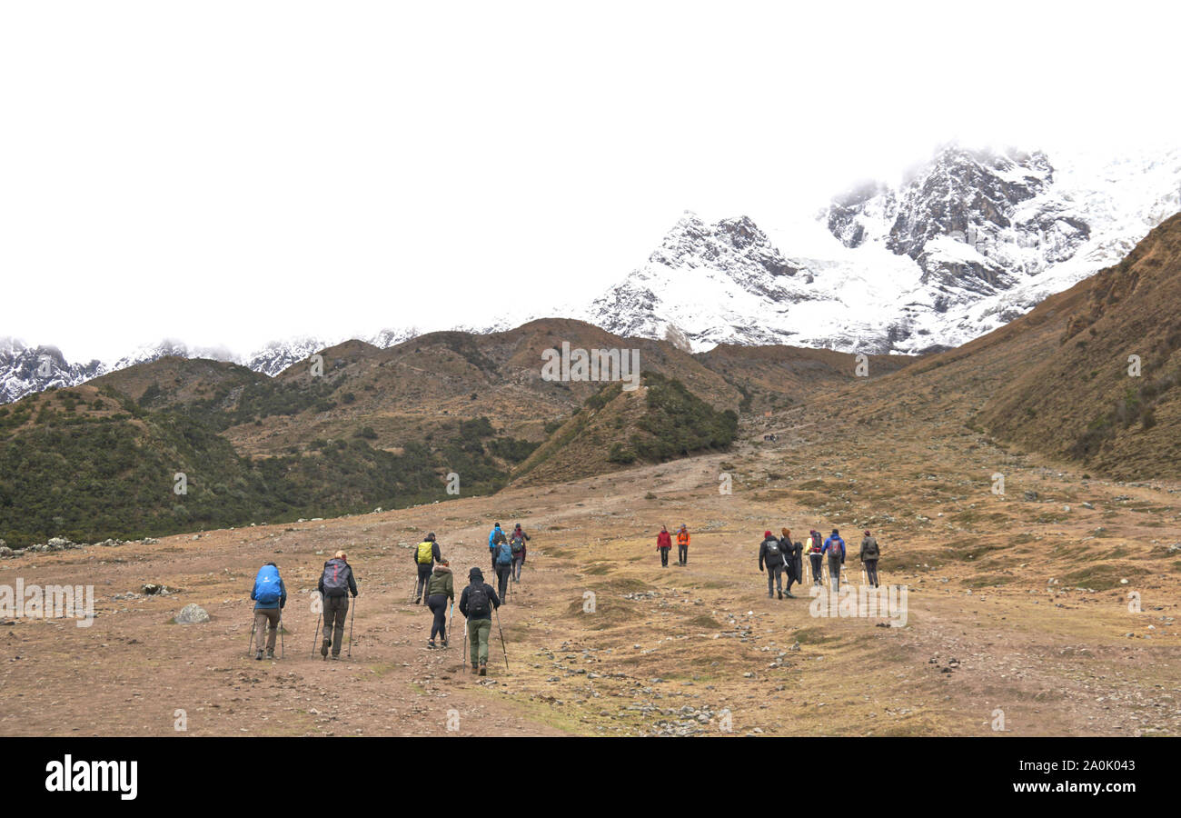 The Salkantay trek in Peru (sometimes referred to as the Salcantay trail) is the most popular alternative trek to Machu Picchu – it offers hikers an incredibly diverse trekking experience, is relatively easy to access from Cusco and unlike the Classic Inca Trail, there are no permit limitations. The trail sojourns through incredible landscapes where lowland jungle gives way to highland alpine settings and glaciated mountains, the most impressive of which is Nevada Salkantay. Stock Photo