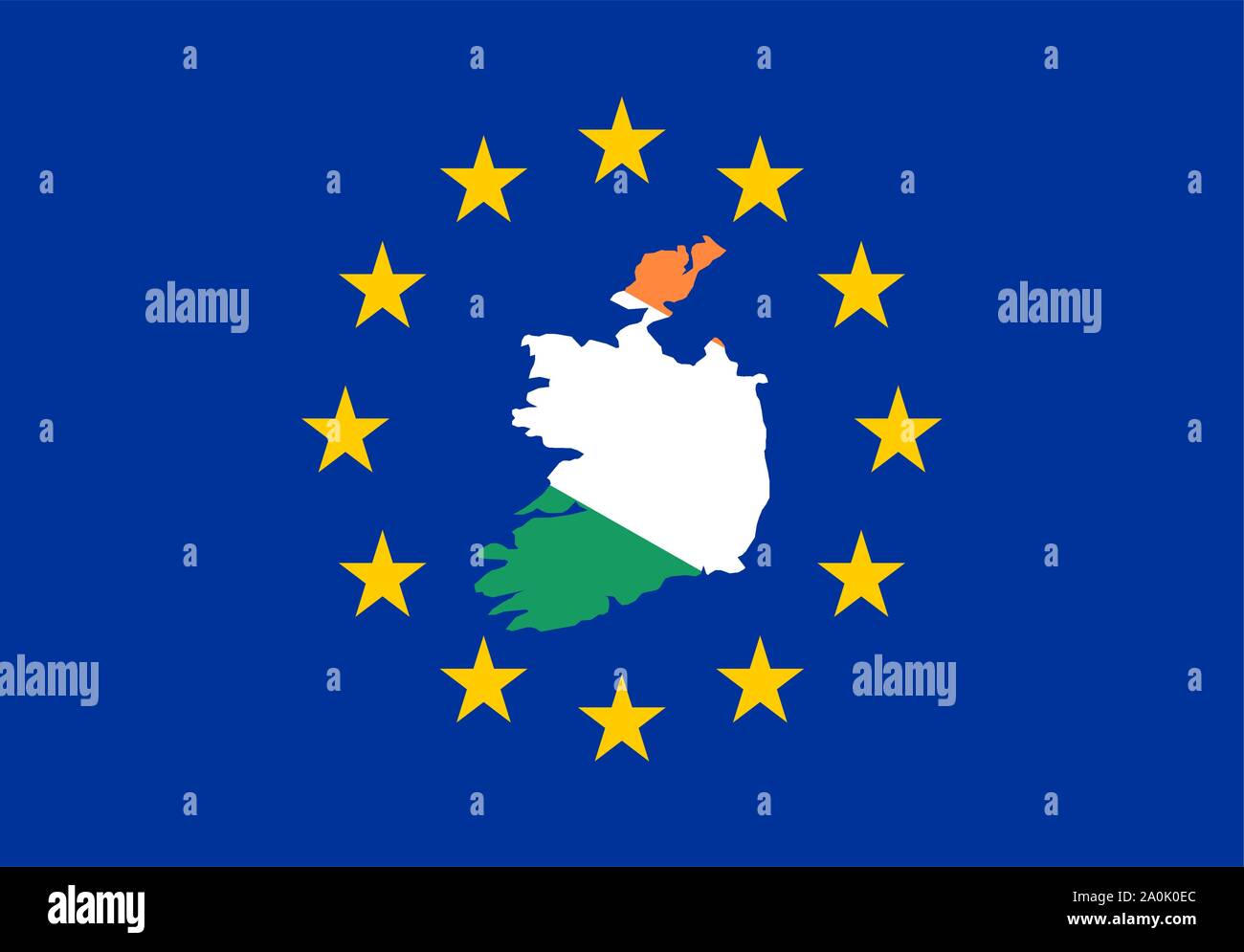 The border shapes of Ireland, covered in the Irish flag on top of and in the middle of the flag of EU, illustrating the conflict of Brexit. Stock Vector