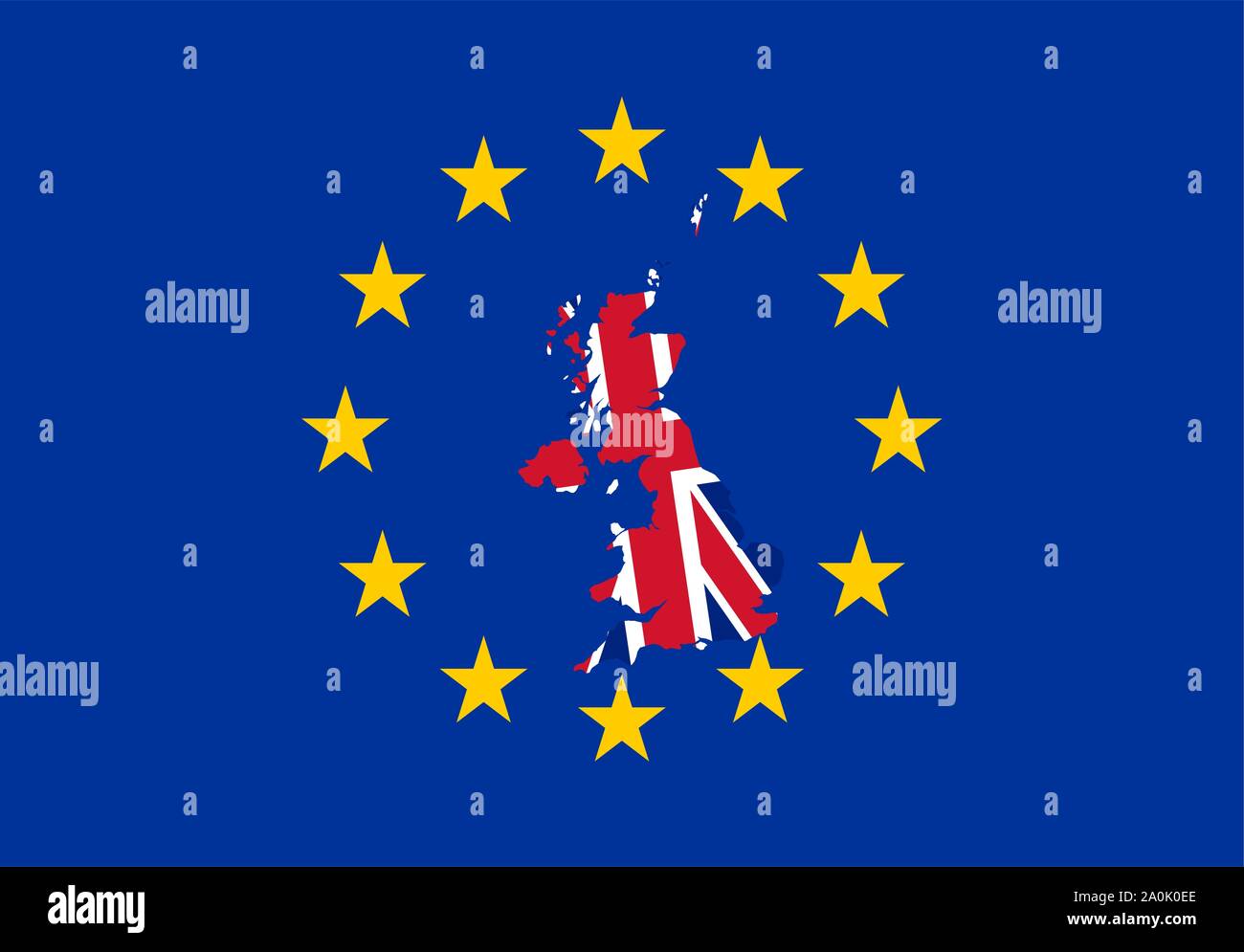 The border shapes of United Kingdom covered in Union Jack, on top of and in the middle of the flag of EU illustrating the conflicts of Brexit. Stock Vector