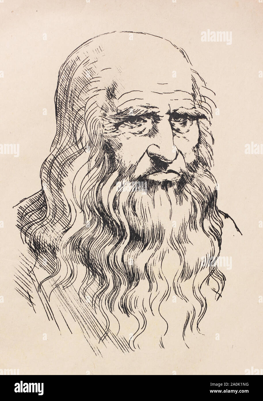 Self portrait of Leonardo Da Vinci. Medieval engraving. Stock Photo