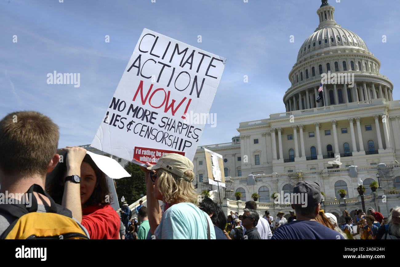 Washington DC, USA. 20th Sep, 2019. Demonstrators gather in front of the US Capitol as they march as part of the Global Climate Strike to rally support for global warming and climate change, in Washington, DC, Friday, September 20, 2019. Credit: UPI/Alamy Live News Stock Photo