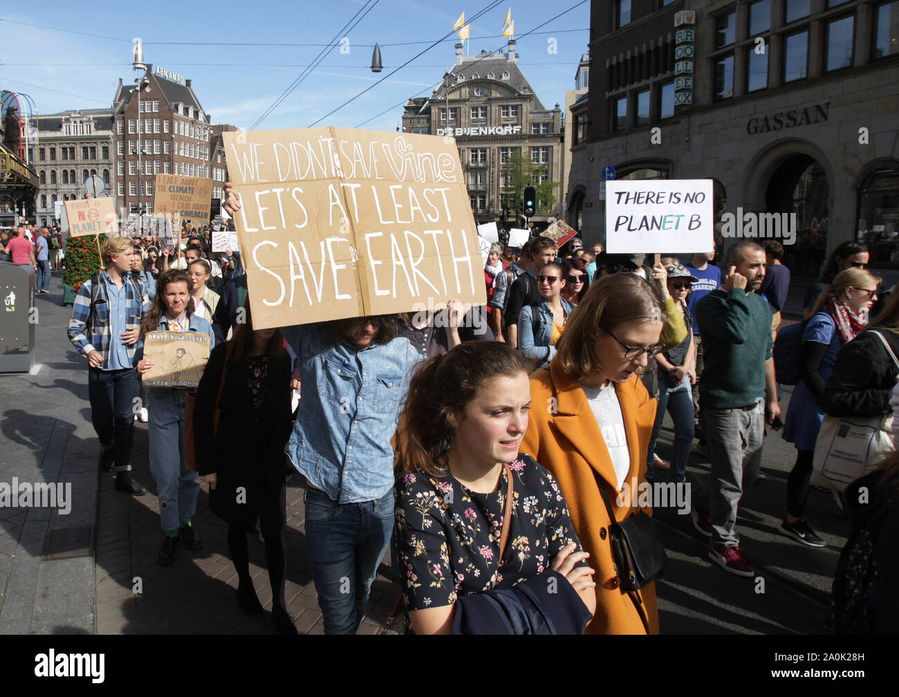 School students and protesters gather during a climate strike demonstration on September 20, 2019 in Amsterdam,Netherlands. Students and supporters jo Stock Photo
