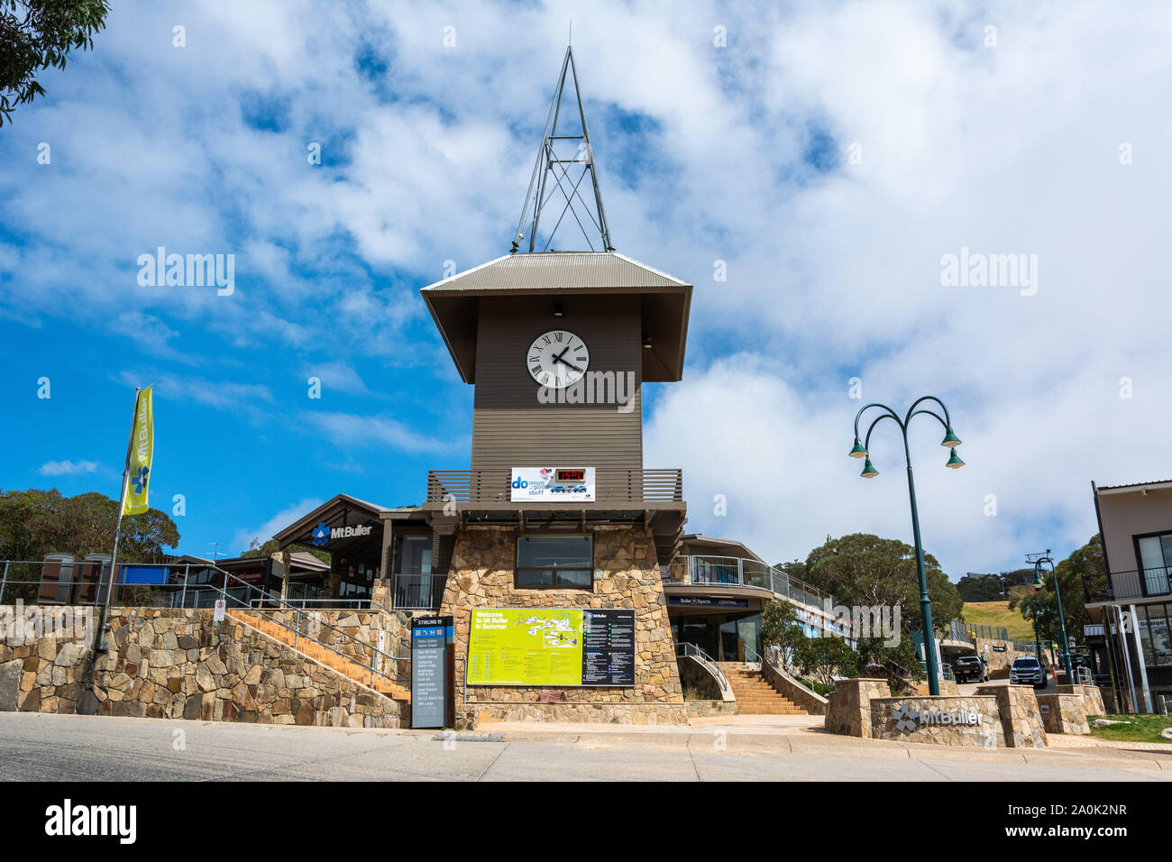 Mt Buller, Victoria, Australia – March 23, 2017. Clock Tower in Mt Buller, VIC, located in the Village Square and hosting the Information  Centre. Stock Photo