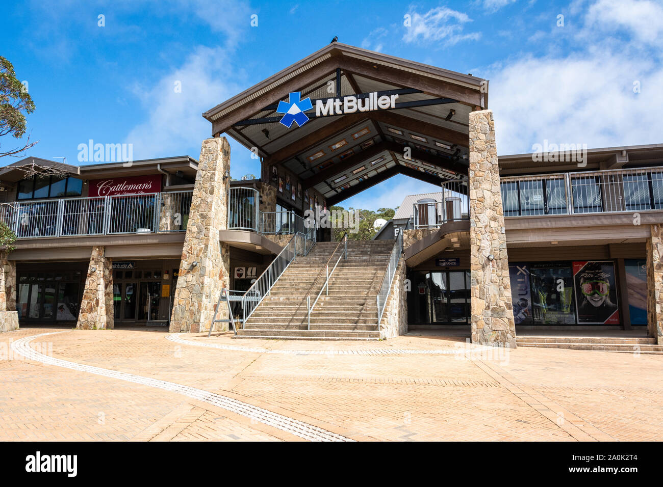 Mt Buller, Victoria, Australia – March 23, 2017. Modern building in Village Square in Mt Buller, VIC, hosting commercial properties and access to the Stock Photo
