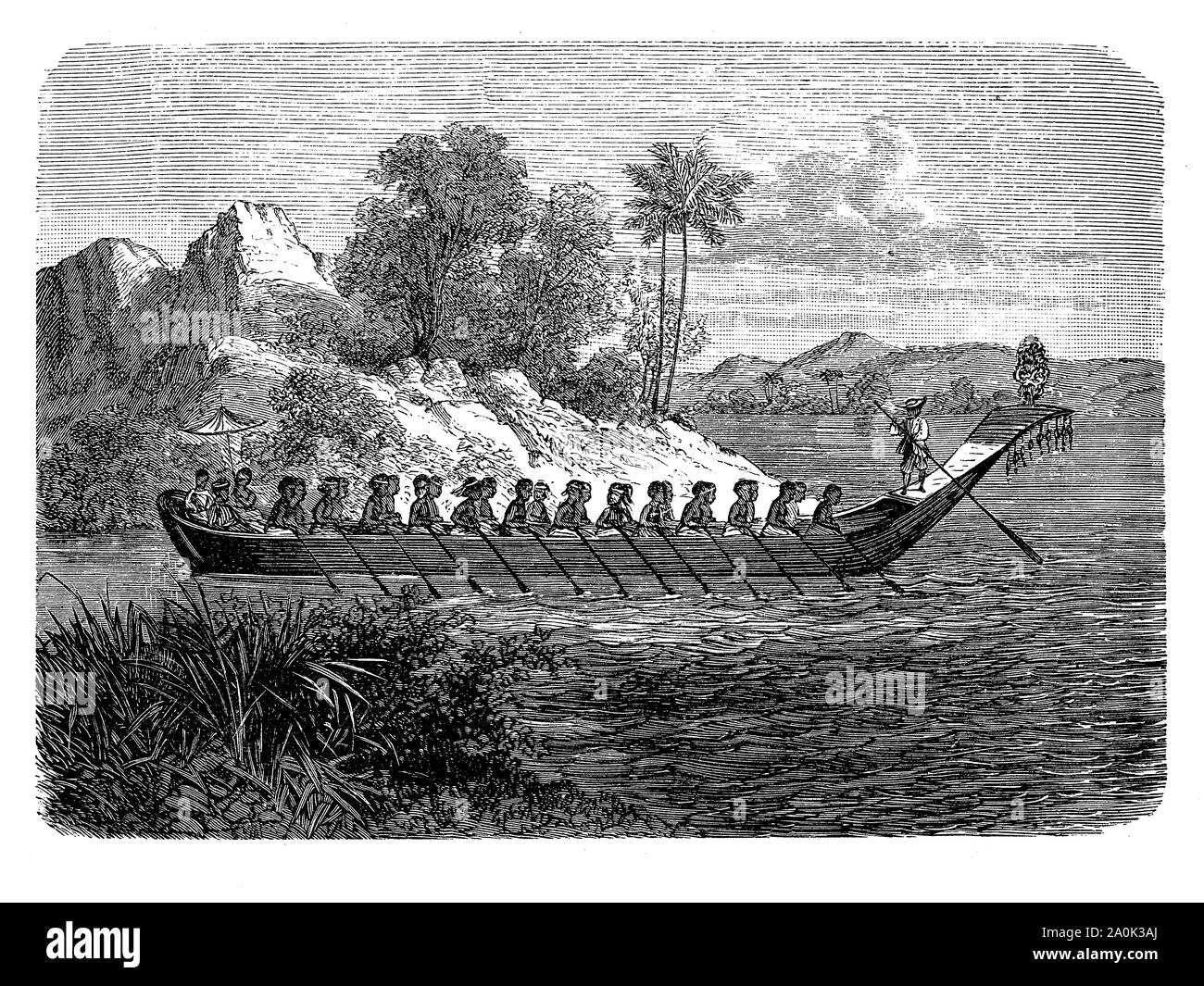 Burmese man-of-war, battle ship with rowers at the times of the Konbaung dynasty and the Burmese–Siamese War (1765–67) Stock Photo