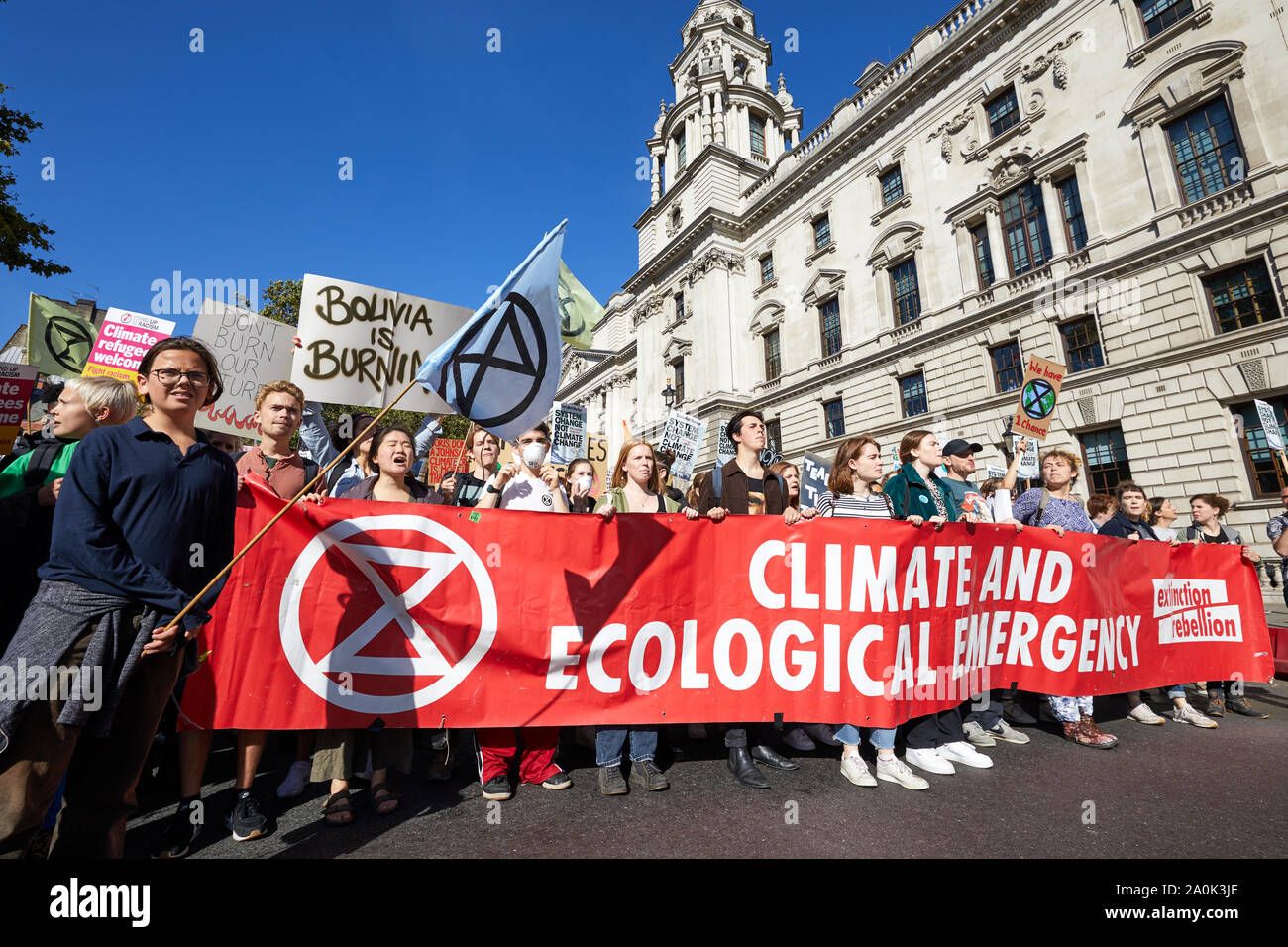 London, U.K. - Sept 20, 2019: Protestors in Westminster as part of the Youth Strike 4 Climate worldwide demonstration. Stock Photo