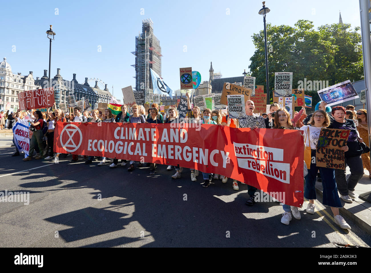 London, U.K. - Sept 20, 2019: Protestors in Westminster as part of the Youth Strike 4 Climate worldwide demonstration. Stock Photo