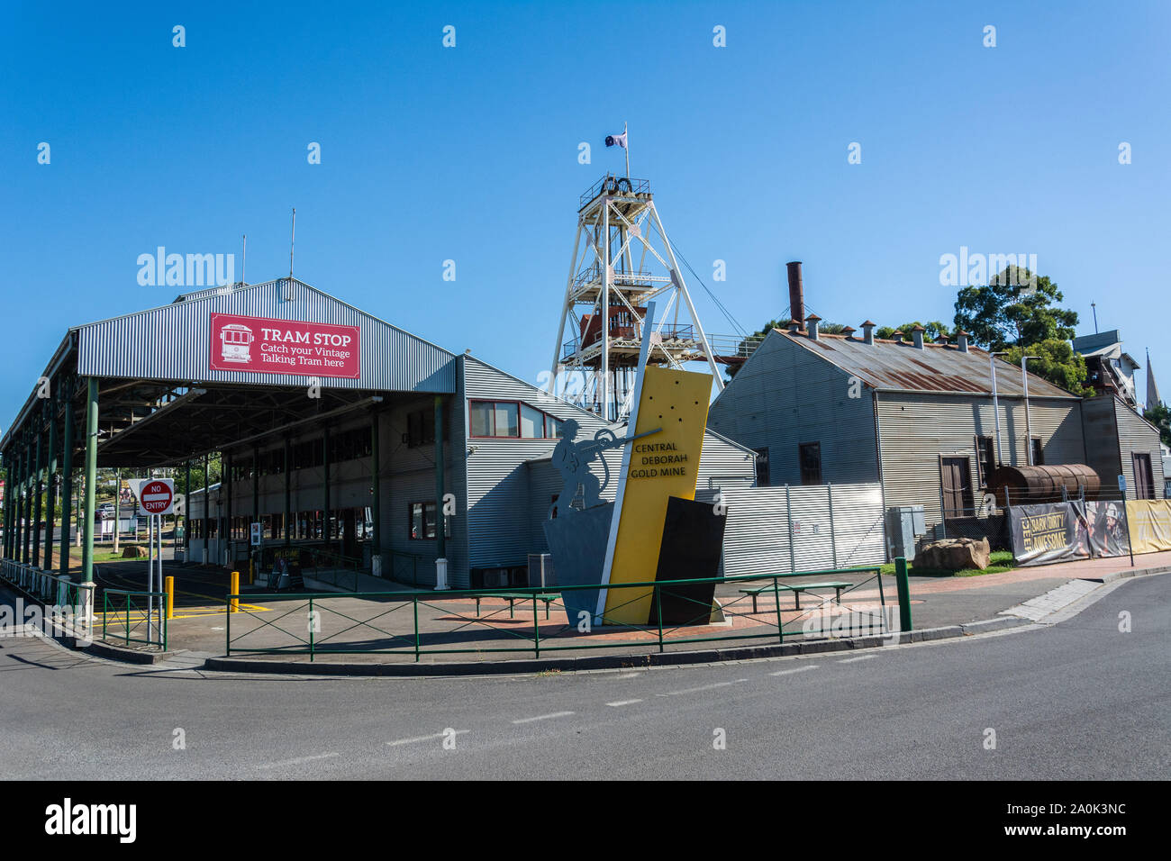 Bendigo, Victoria, Australia - February 28, 2017. Exterior view of Central Deborah Goldmine with tram stop in Bendigo, VIC. Stock Photo