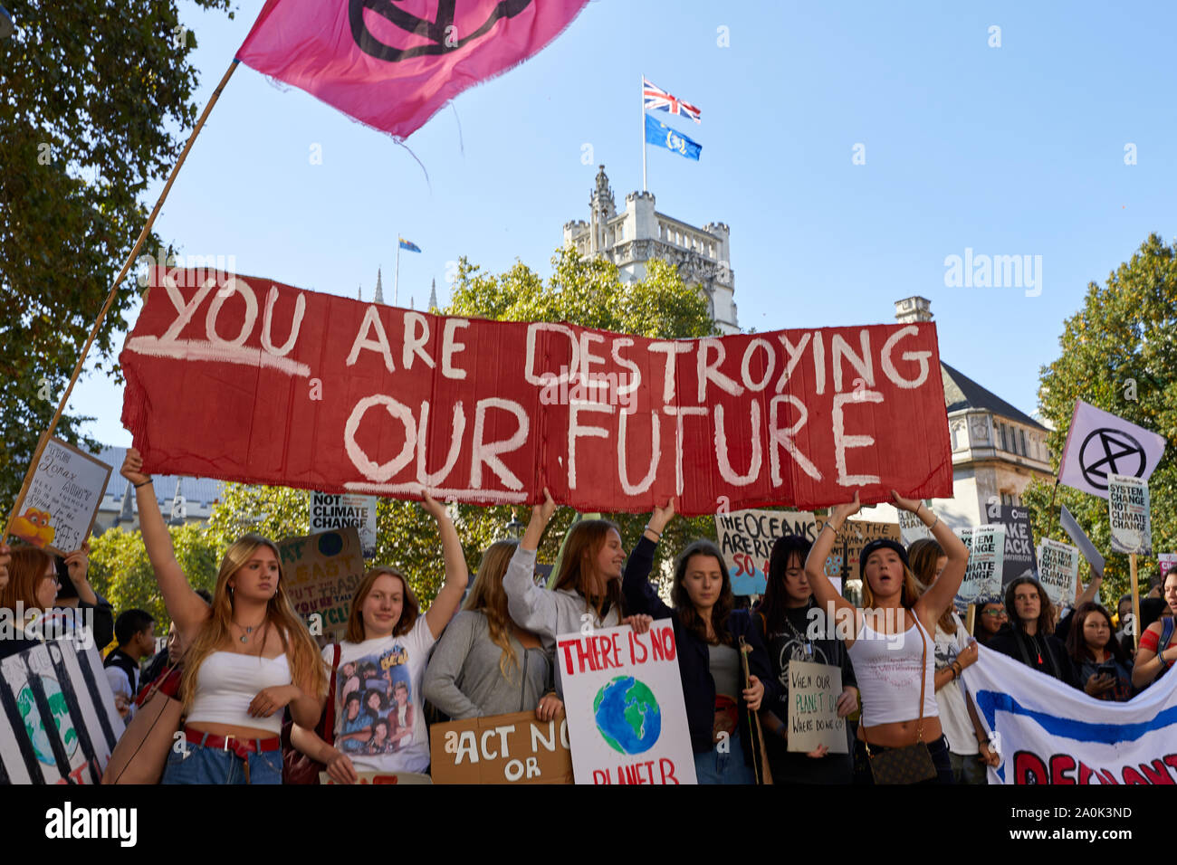 London, U.K. - Sept 20, 2019: Protestors in Westminster as part of the Youth Strike 4 Climate worldwide demonstration. Stock Photo