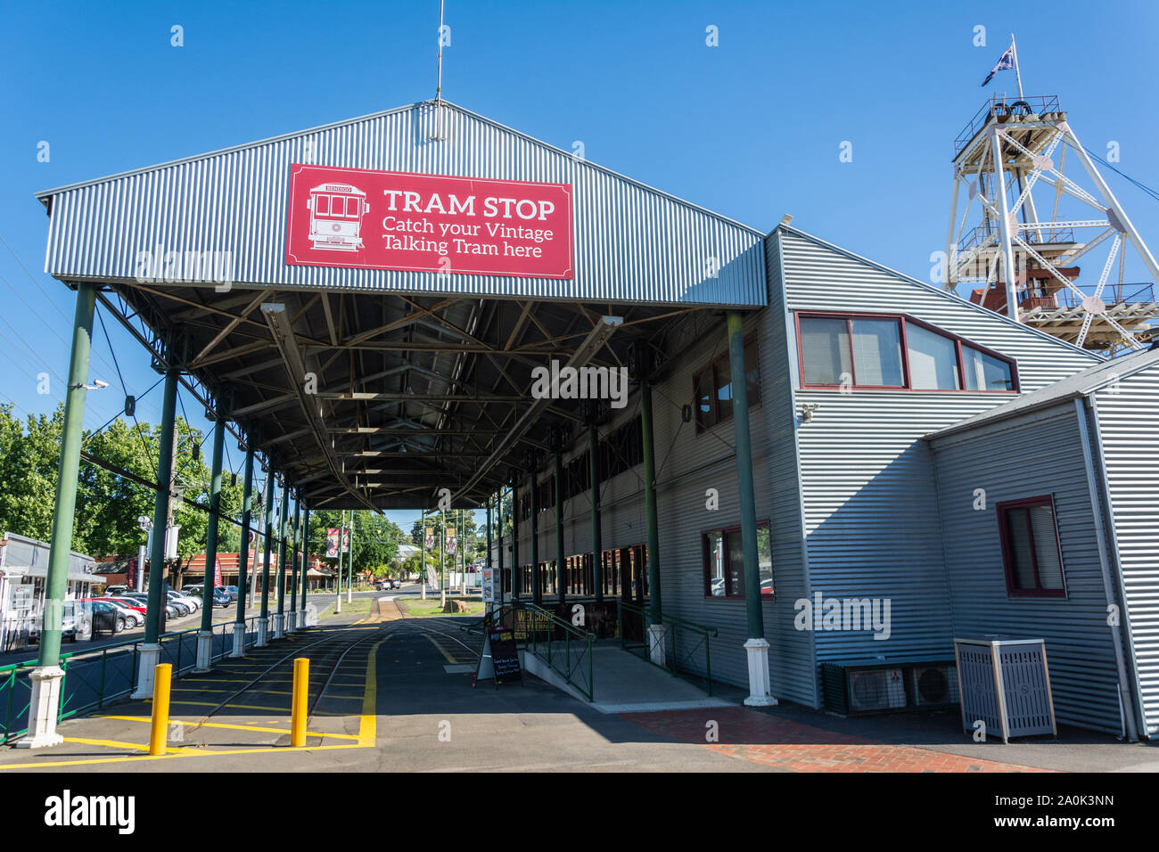 Bendigo, Victoria, Australia - February 28, 2017. Tram stop by Central Deborah Gold Mine in Bendigo, VIC, with the mine tower. Stock Photo