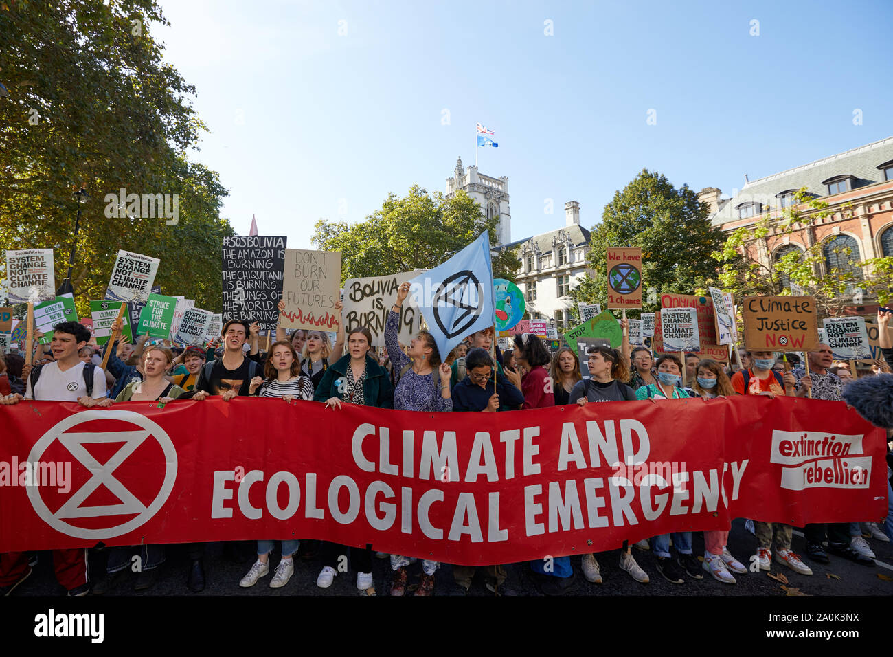 London, U.K. - Sept 20, 2019: Protestors in Westminster as part of the Youth Strike 4 Climate worldwide demonstration. Stock Photo