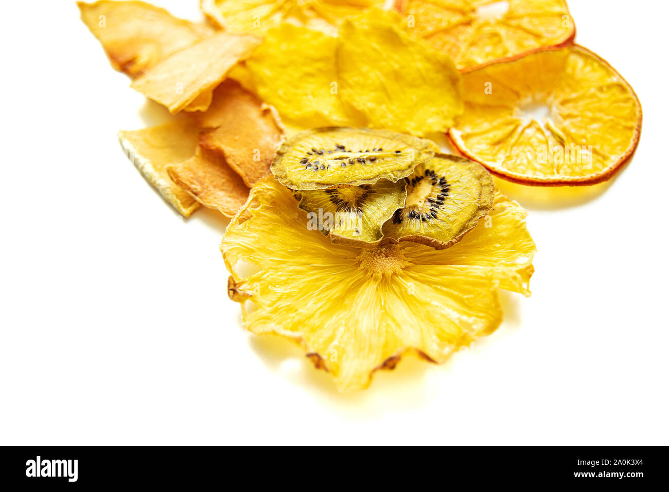 pile of dried tropical fruits isolated on white background. Mix of