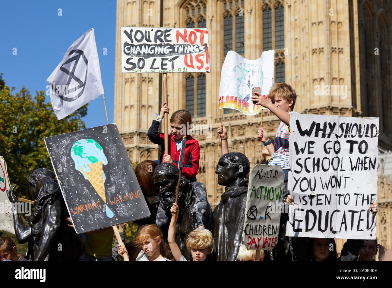 London, U.K. - Sept 20, 2019: Protestors in Westminster as part of the Youth Strike 4 Climate worldwide demonstration. Stock Photo