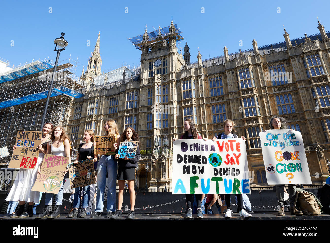 London, U.K. - Sept 20, 2019: Protestors in Westminster as part of the Youth Strike 4 Climate worldwide demonstration. Stock Photo