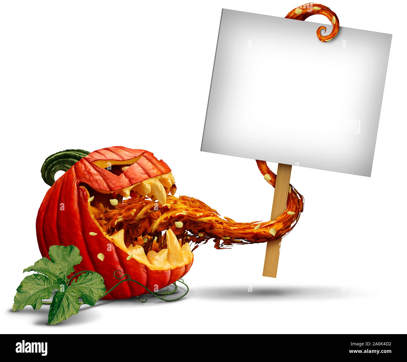 Jack o lantern evil pumpkin zombie holding a blank sign card with a tongue as a creepy halloween or scary symbol on a white background. Stock Photo