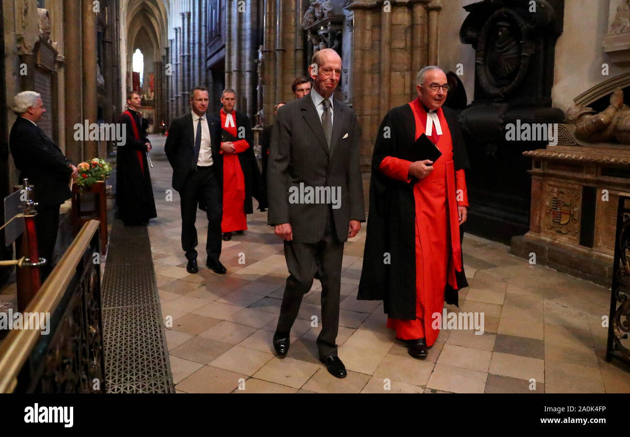 Prince Edward the Duke of Kent and John Hall Dean of Westminster attend a service of dedication to PG Wodehouse in Westminster Abbey, London. Stock Photo