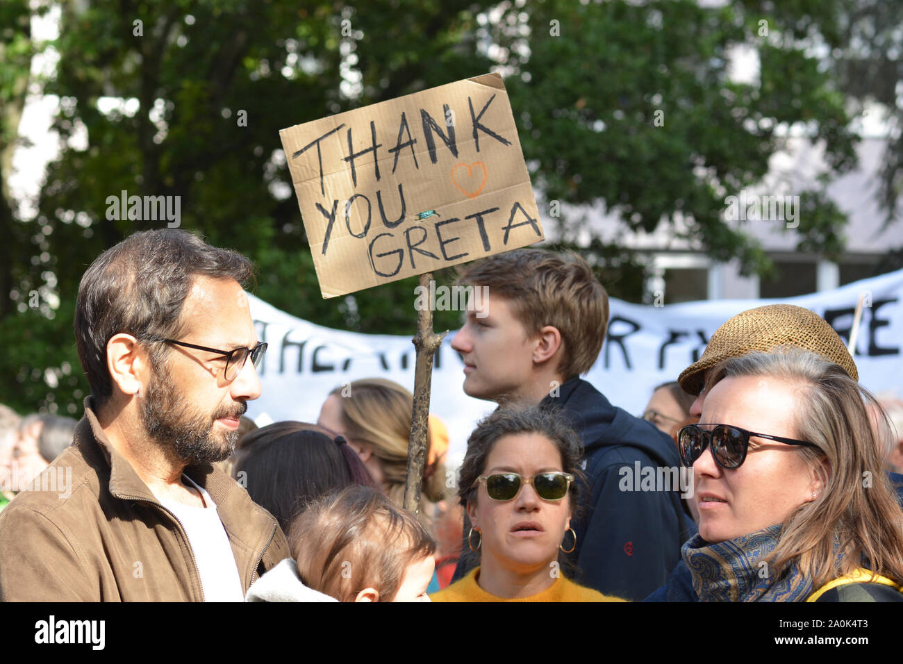 Heidelberg, Germany: Demonstration during Global Climate Strike with cardboard banner  saying 'Thank you Greta' Stock Photo