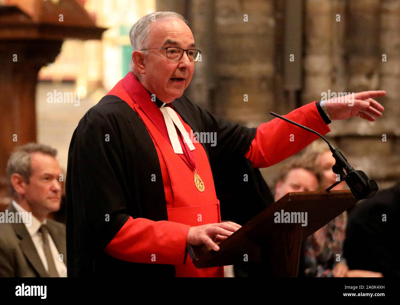 John Hall, Dean of Westminster speaks during a service of dedication to PG Wodehouse in Westminster Abbey, London. Stock Photo