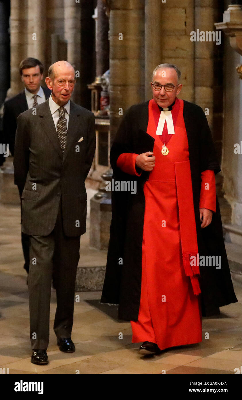 Prince Edward the Duke of Kent and John Hall Dean of Westminster attend a service of dedication to PG Wodehouse in Westminster Abbey, London. Stock Photo