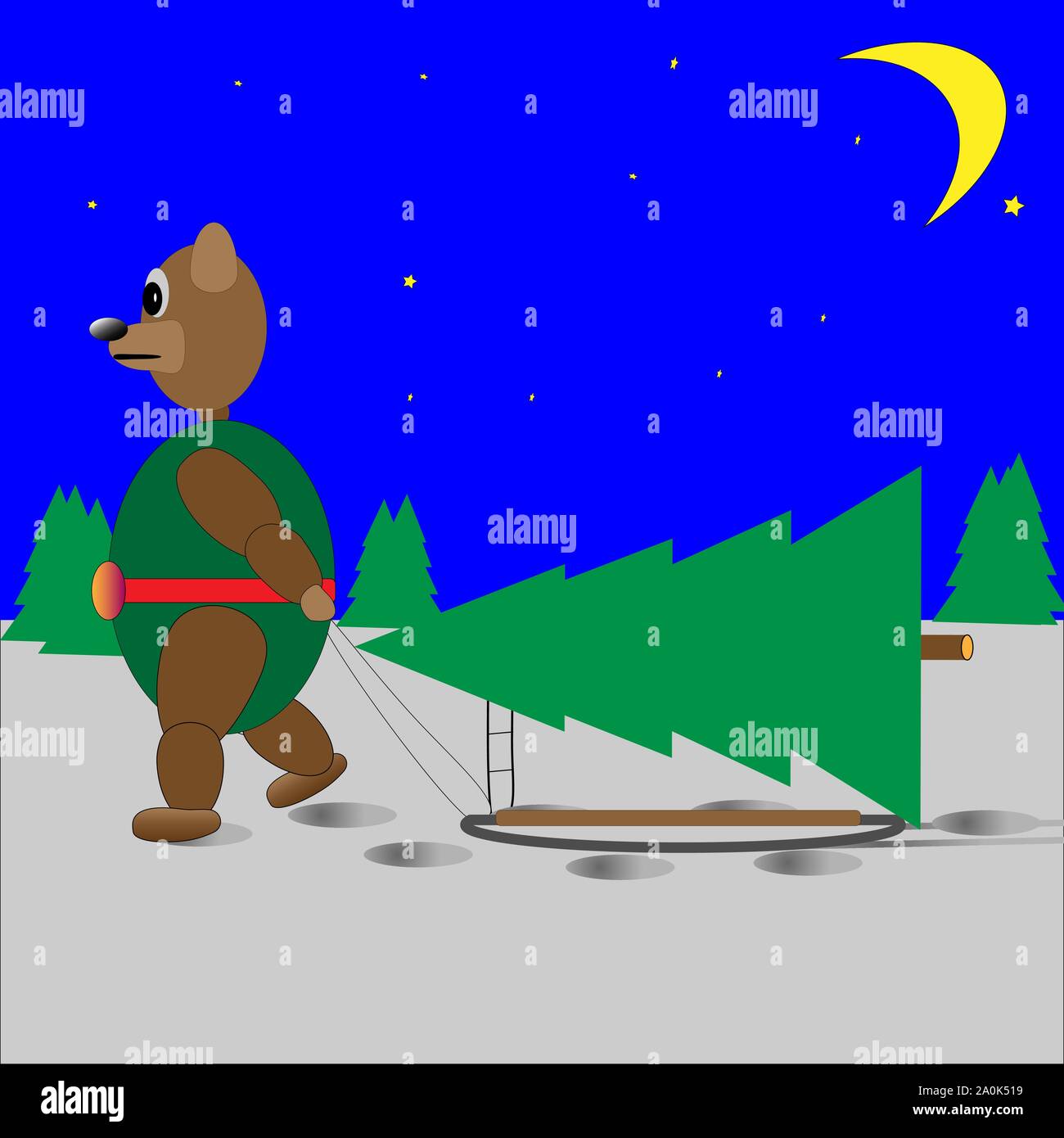bear Christmas tree on a sled and the moon Stock Vector